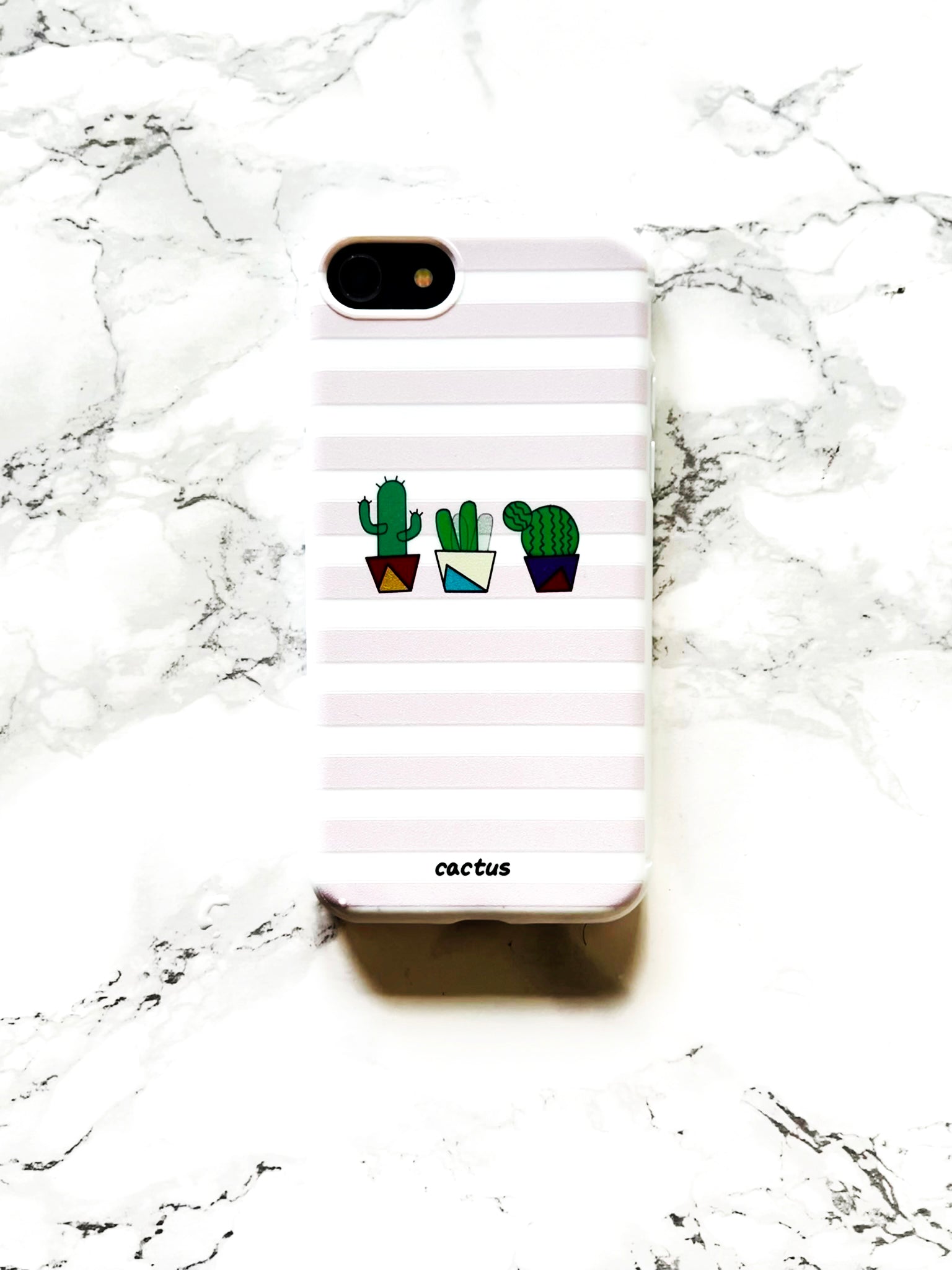 Happy Cactus Days with Pink Strips iPhone Case on marble top